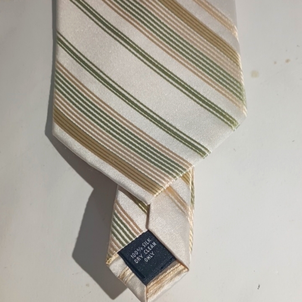 Elegant Pierre Cardin Striped Silk Tie. Cream, Green. 100 percent Silk